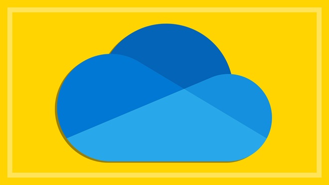 blue Microsoft OneDrive cloud logo on a yellow background